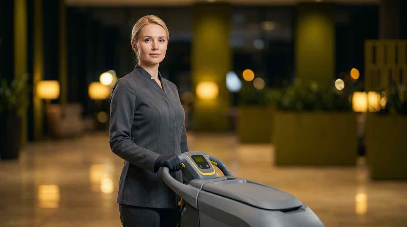 Pracownica PINTURA z automatem szorującym w nowoczesnym lobby hotelowym